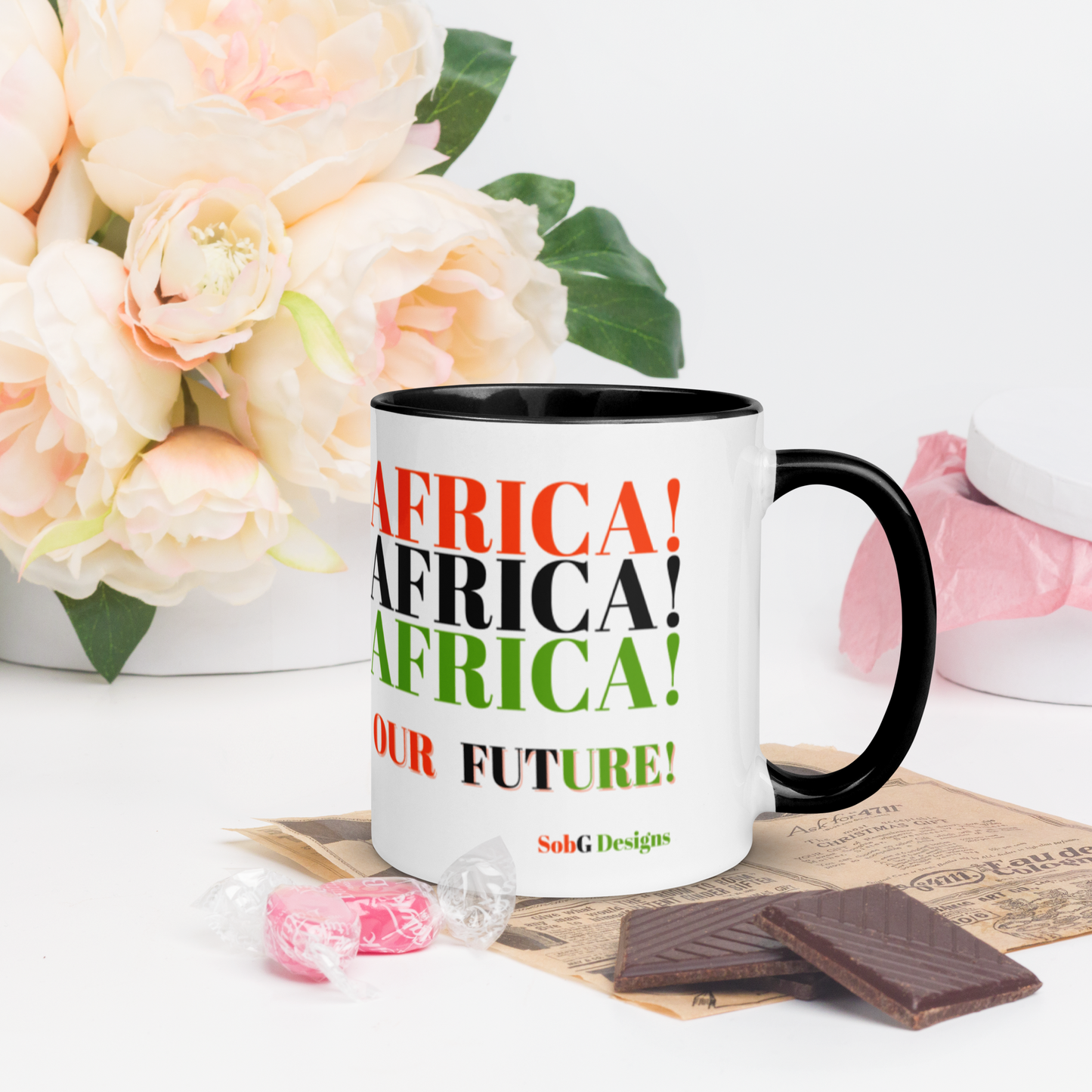 AFRICA! AFRICA! AFRICA! OUR FUTURE! Mug with Color Inside by SobG Designs