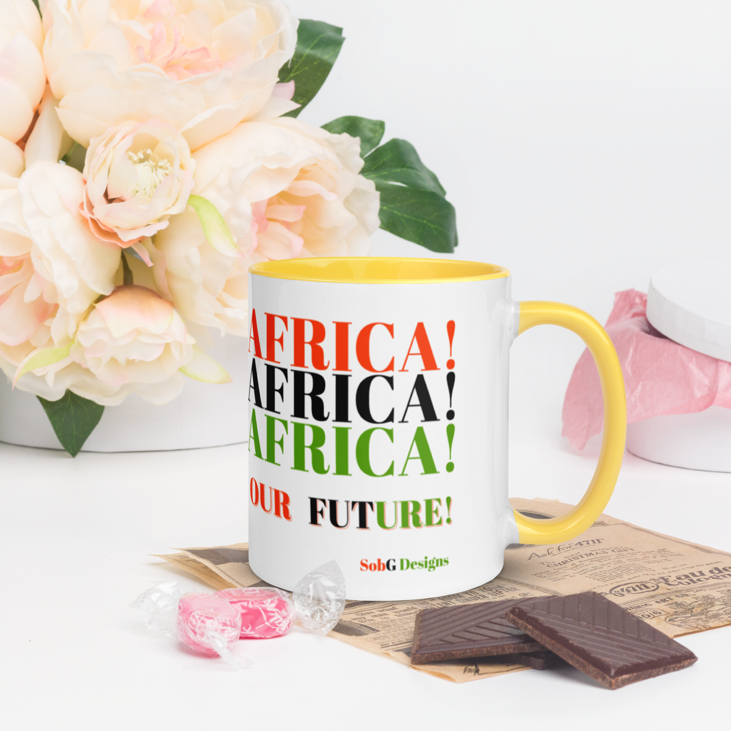 AFRICA! AFRICA! AFRICA! OUR FUTURE! Mug with Color Inside by SobG Designs